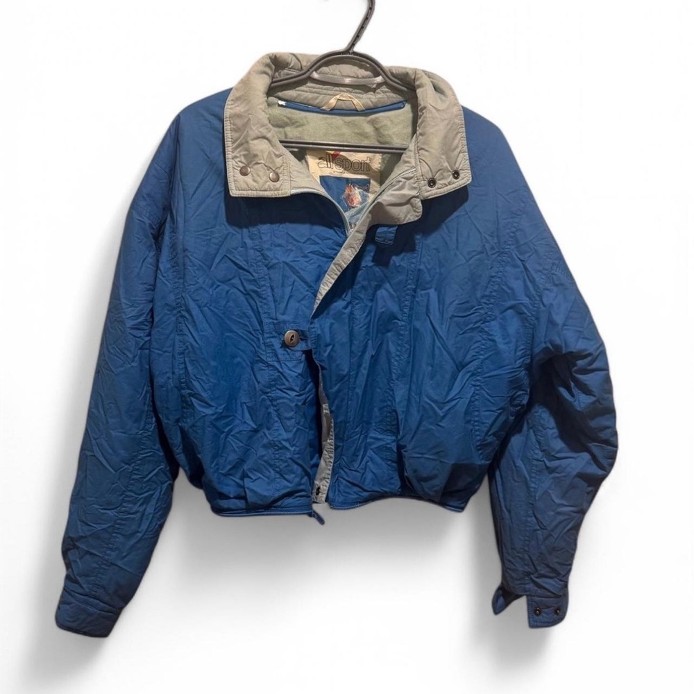 Blue and Cream Ski Jacket with Water-Resistant Fabric and Cropped Length